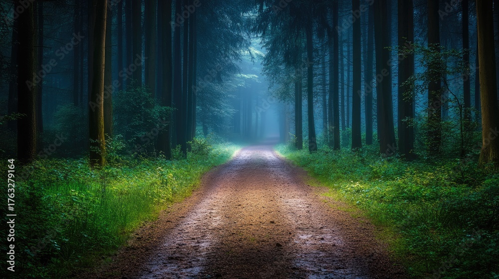 Naklejka premium Misty Forest Path with Ethereal Light Through Dark Green Trees