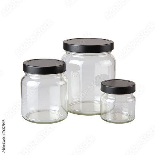 clear glass jar set with black lids 3D Icon – Glossy Minimal Emoji Style, Isolated PNG object