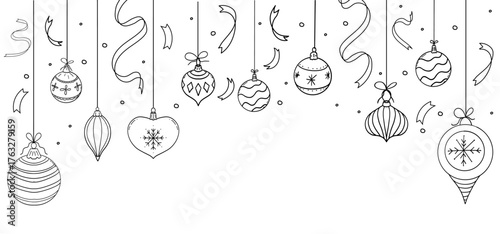 Hanging bauble garland border with confetti, snowflakes hand drawn doodle sketchy background, decoration. Winter festive silhouette balls, hanging tree toys.