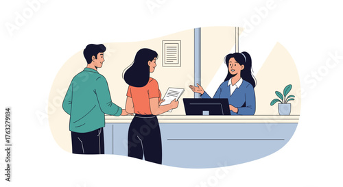 Couple at Bank Teller Window Receiving Service.