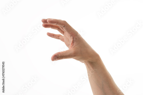 Adult young man hand hold something big isolated on white