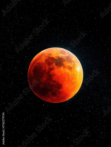 Full blood moon shining brightly against a backdrop of twinkling stars in the night sky astronomical view
