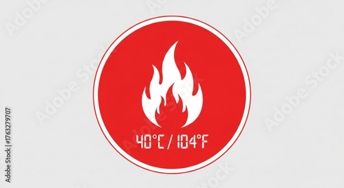 A fiery symbol represents extreme heat, with a temperature of 40 degrees celsius or 104 degrees fahrenheit