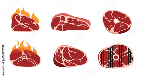 Collection of Raw and Grilled Meat Cuts Ready for Cooking.