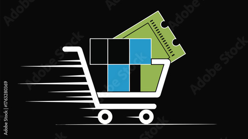 A shopping cart with motion lines containing boxes and a ticket on a black background image art