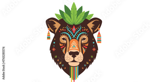 Stylized bear head with intricate tribal patterns and green leaves.