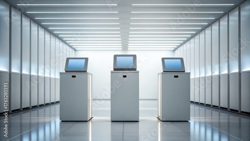 Election Cybersecurity Threats Concept. Modern workspace featuring sleek kiosks and bright lighting in a minimalist setting.