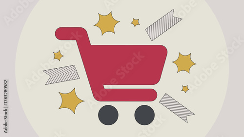 A red shopping cart with black wheels surrounded by gold stars and patterned flags on a white background