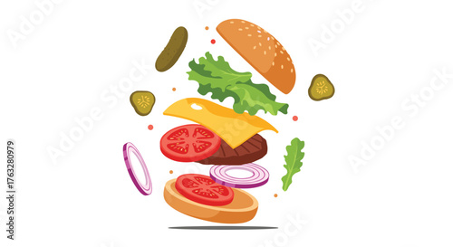 Deconstructed cheeseburger with floating ingredients on a white background.
