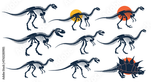 Collection of various dinosaur skeletons on a white background.