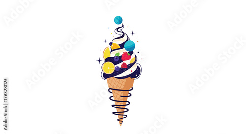 Delicious ice cream cone with colorful toppings and a spiral design.
