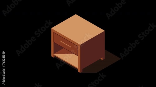 Isometric bedside table animation. Isometric nightstand. Wooden bedside table. Isometric bedroom furniture. Isometric home furniture. Transparent background with alpha channel