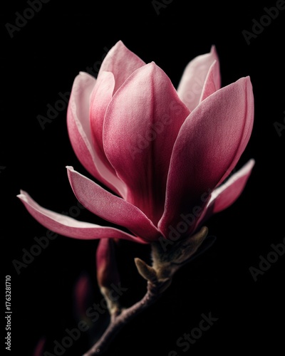 Elegant pink magnolia blossom unfolding against a stark black backdrop, close-up studio shot showcasing delicate petals and textures