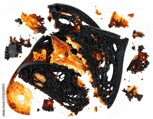 Close-up of charred bread slices, with golden interior fragments scattered