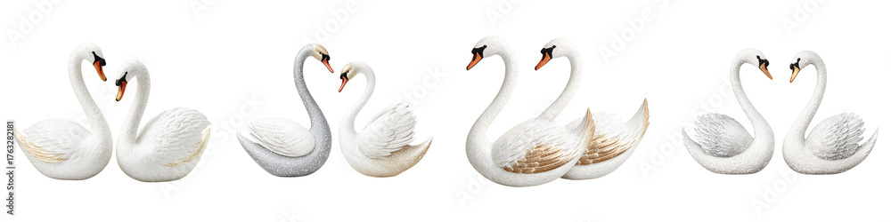 Obraz premium Elegant swans in various poses creating heart shapes. Perfect for symbols of love, romance, beauty, nature, and harmony in design and artistic expressions.