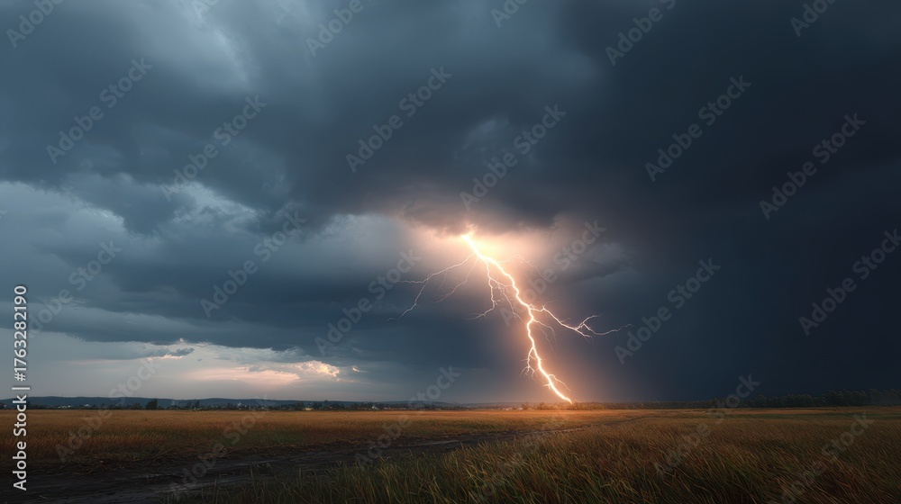 Obraz premium Dramatic lightning strike over rural field landscape photography; storm clouds, electrical discharge, nature power, weather phenomenon, outdoor scene