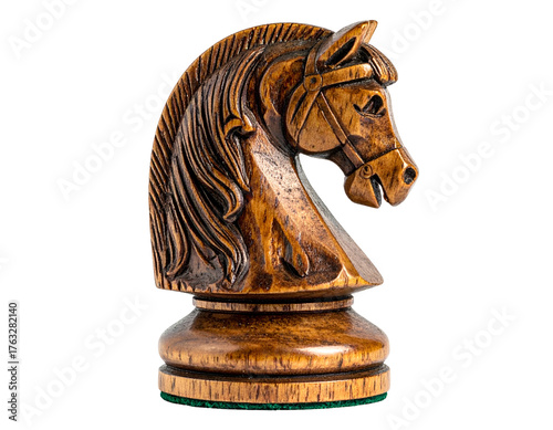 Detailed carved wooden chess piece depicts a horse knight with intricate mane and bridle