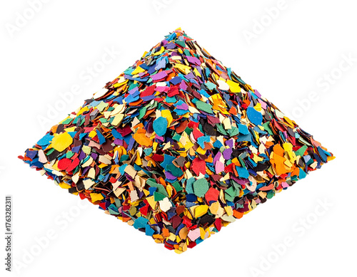 A heap of colorful paper fragments, resembling a pyramid on a black background