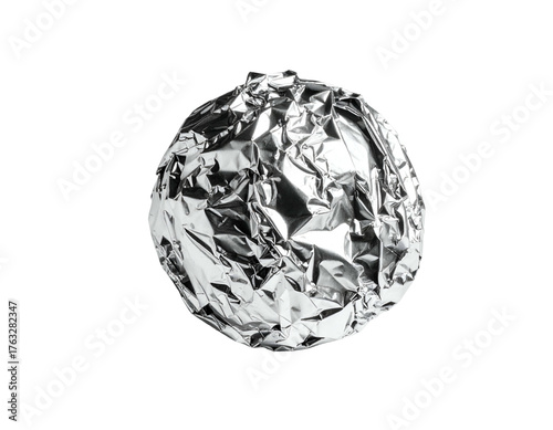 Shiny, spherical form created by crumpled, reflective metallic material on black