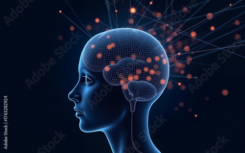 Illustration of Ai brain and face with dot and line. Big data, technology, data transfer, large language model, LLM, NLP, natural language model  chat bot,  generative ai concept. High quality