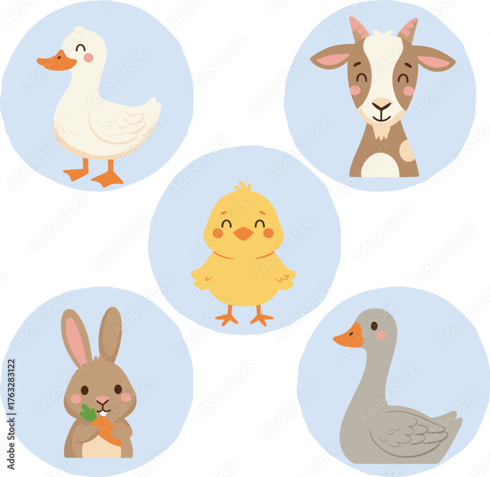 Naklejka premium Cute Farm Animals Set Duck, Chick, Goat, Rabbit, and Goose