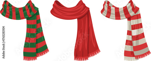 Christmas winter scarves collection, red and green striped wool scarves, cozy warm fashion accessories, holiday clothing illustration, flat cad drawing vector design, seasonal outfit