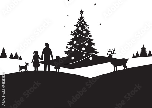 Christmas Scene Silhouette with Family, Tree, and Deer
