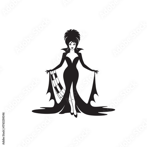 Black Color Elvira Halloween Silhouette on White Background.