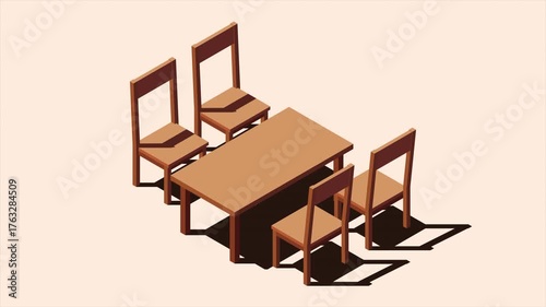 Isometric table and four chairs animation. Wooden dining table. Wooden table and chairs. Isometric dining room furniture. Isometric home furniture. 4K video animated in isometric style