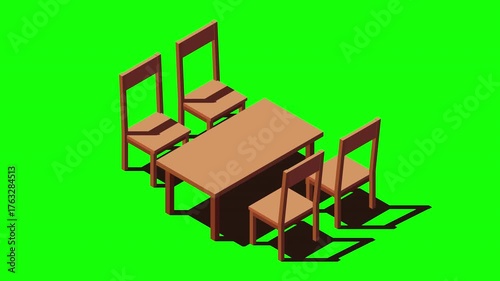 Isometric table and four chairs animation. Wooden dining table. Wooden table and chairs. Isometric dining room furniture. Isometric home furniture. 4K video animated in isometric style