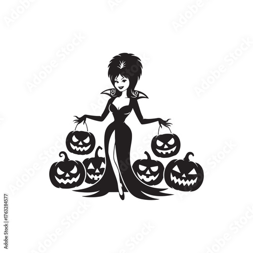 Black Color Elvira Halloween Silhouette on White Background.