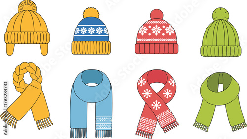 Cute winter hats and scarves collection, cozy knitted beanies with pom poms, wool fashion accessories, cartoon winter clothing vector illustration, flat cad drawing