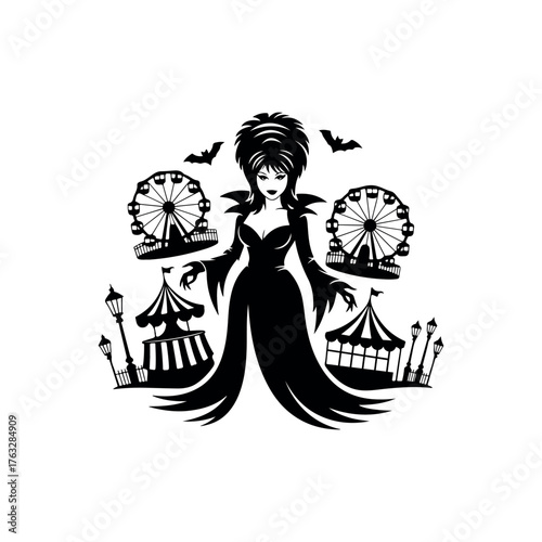 Black Color Elvira Halloween Silhouette on White Background.