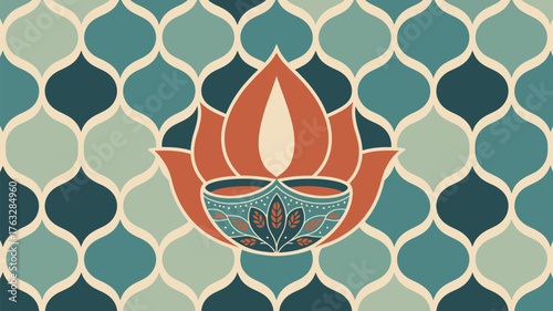 A stylized lotus flower and diya lamp against a patterned background with teal and blue teardrop shapes