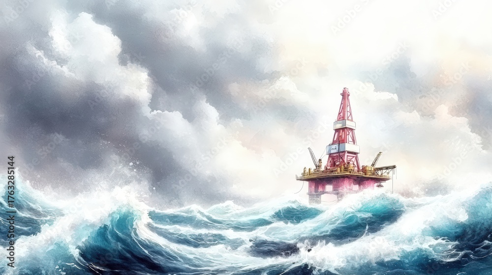Obraz premium Offshore drilling platform , stormy seas, and a dramatic gray-scale backdrop,