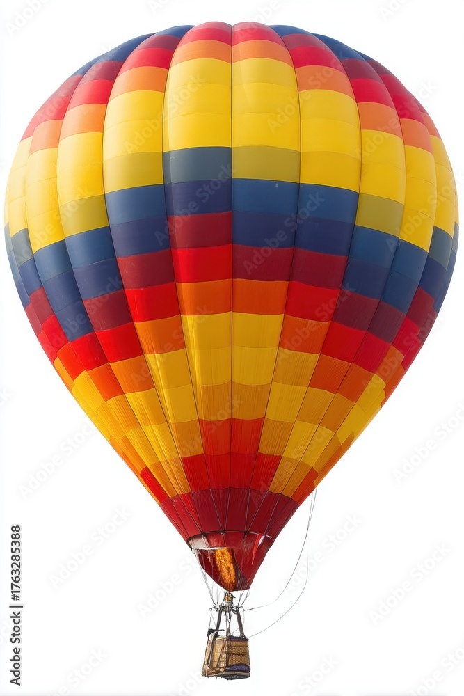 Naklejka premium Colorful hot air balloon ascending against a white sky background, aerial view, adventure travel, freedom concept