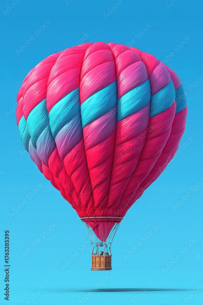 Naklejka premium Hot Air Balloon Ascending Against Clear Blue Sky Colorful Pink and Turquoise Stripes Eye Level View