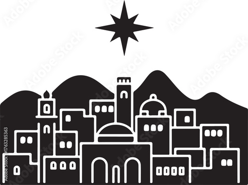 Nativity Scene Silhouette with Star Over Cityscape