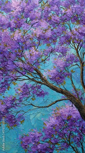 Jacaranda Tree in Full Bloom Impressionist Oil Painting Style Vibrant Purple Flowers Against a Bright Blue Sky Artistic Floral Display Nature Artwork