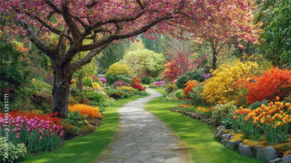 Naklejka premium Serene Garden Path with Blooming Cherry Trees and Colorful Flowers in Springtime Landscape View