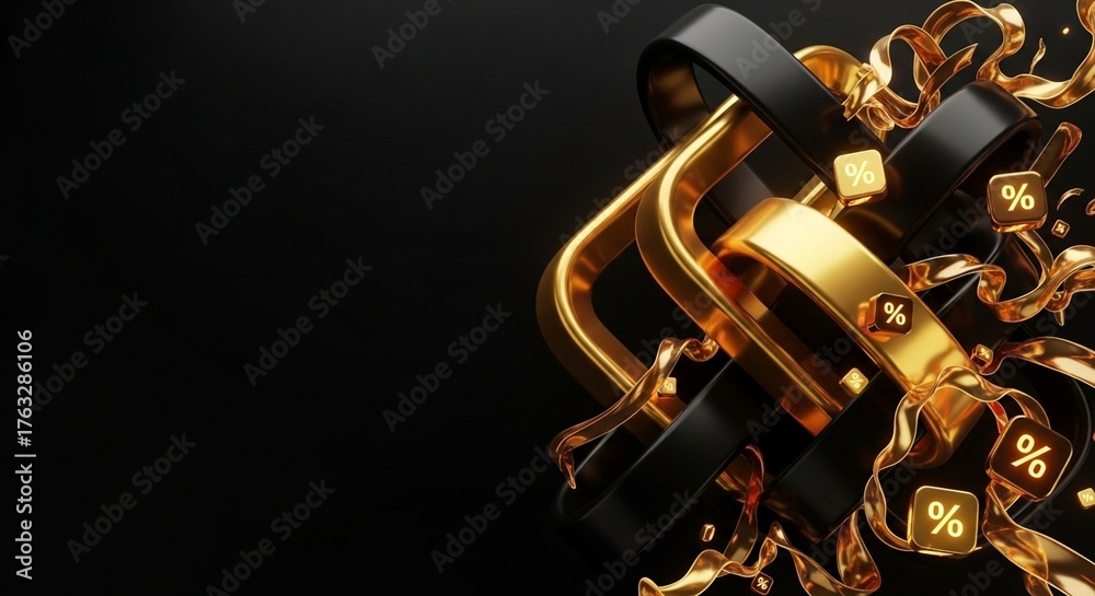 Fototapeta premium Abstract composition featuring golden and black ribbons intertwined with percentage symbols on a dark background.