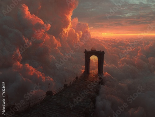 Gate to Heaven Above Clouds at Sunset; Dreamy Landscape View of Bridge Leading to Gateway in Sky; Aerial Perspective