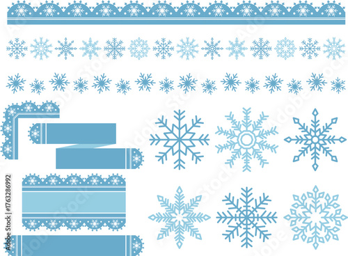 雪の結晶のラインと装飾セット　ブルー