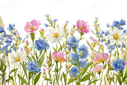 Watercolor floral meadow illustration featuring pink blue and white wildflowers on a bright white background delicate botanical art
