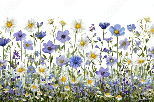 Watercolor Painting of Wildflower Meadow with Daisies and Cornflowers on White Background, Floral Border, Botanical Art