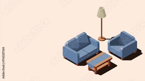 Isometric living room animation. Isometric sofa, table, and lamp. Living room furniture. Isometric home furniture. 4K video animated in isometric style