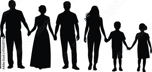 Family silhouettes illustration, generational unity vector, grandparents parents children, holding hands concept, lifestyle design, heritage connection, togetherness art drawing