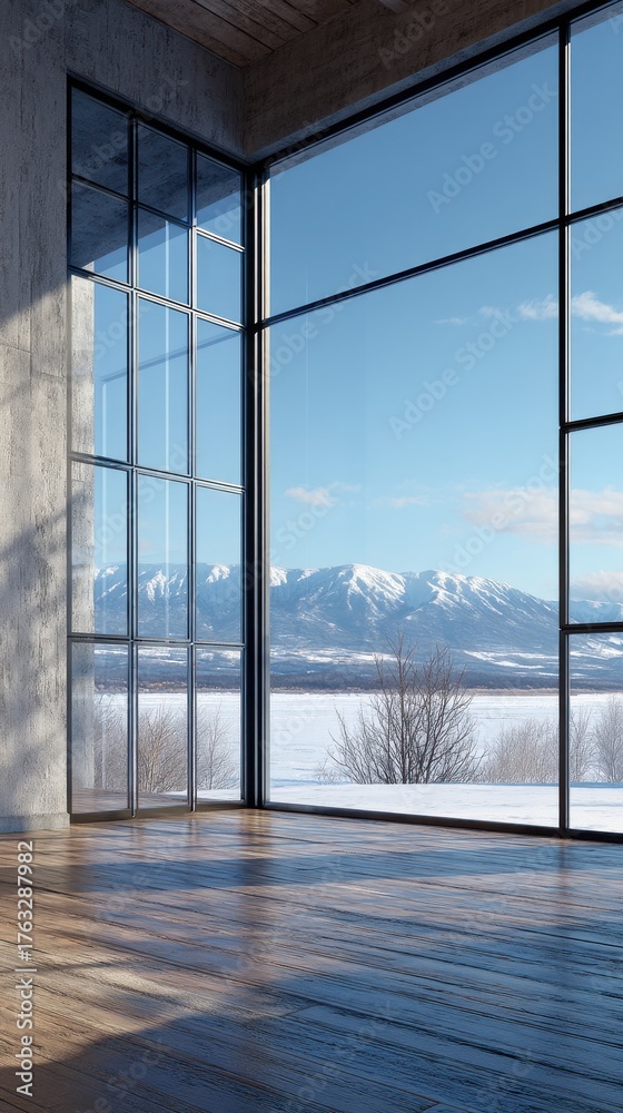 Fototapeta premium Modern Interior View of Snowy Mountain Landscape Through Large Window, Minimalist Design, Natural Light, Winter Season