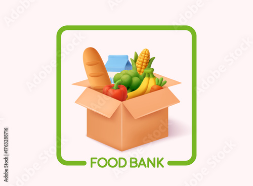 Charity food donation box with fresh groceries and text “Food Bank”. Social care and volunteer support concept. 3D Vector Web Illustration.