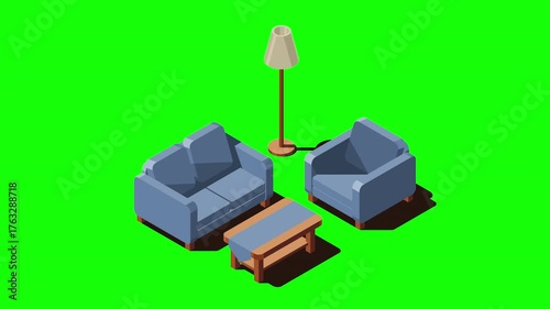 Isometric living room animation. Isometric sofa, table, and lamp. Living room furniture. Isometric home furniture. 4K video animated in isometric style